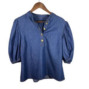 INC Womens Denim Chambray Popover Blouse Top Puff Sleeves Boho Western Large